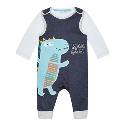 Baby boys' navy dinosaur applique dungarees and bodysuit set